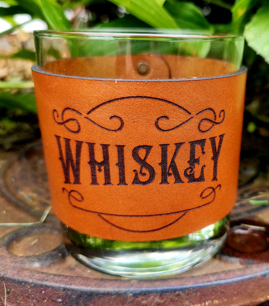 Whiskey rocks glass with engraved Leather wrap - Custom Barware