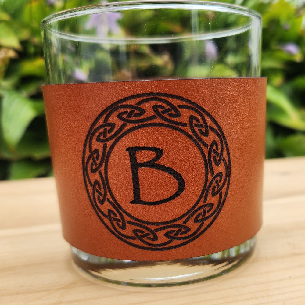 Bourbon/Whiskey personalized Leather engraved wrap with glass - Custom Barware