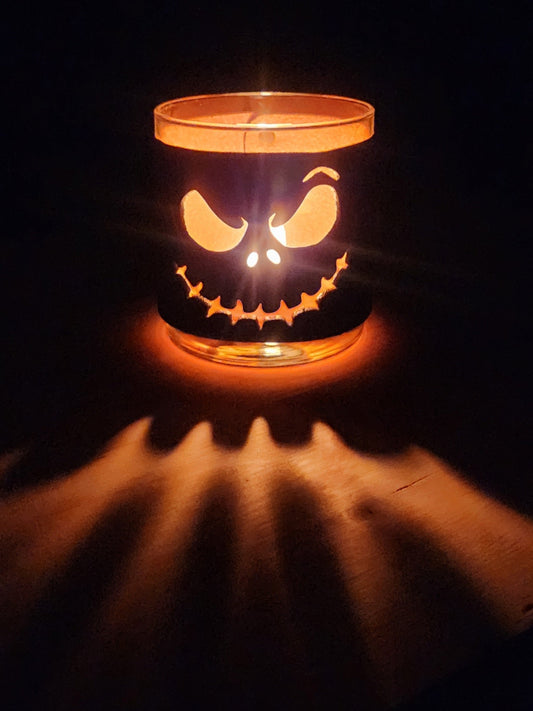 Jack o lantern Leather and Glass candle holder - Halloween candle set