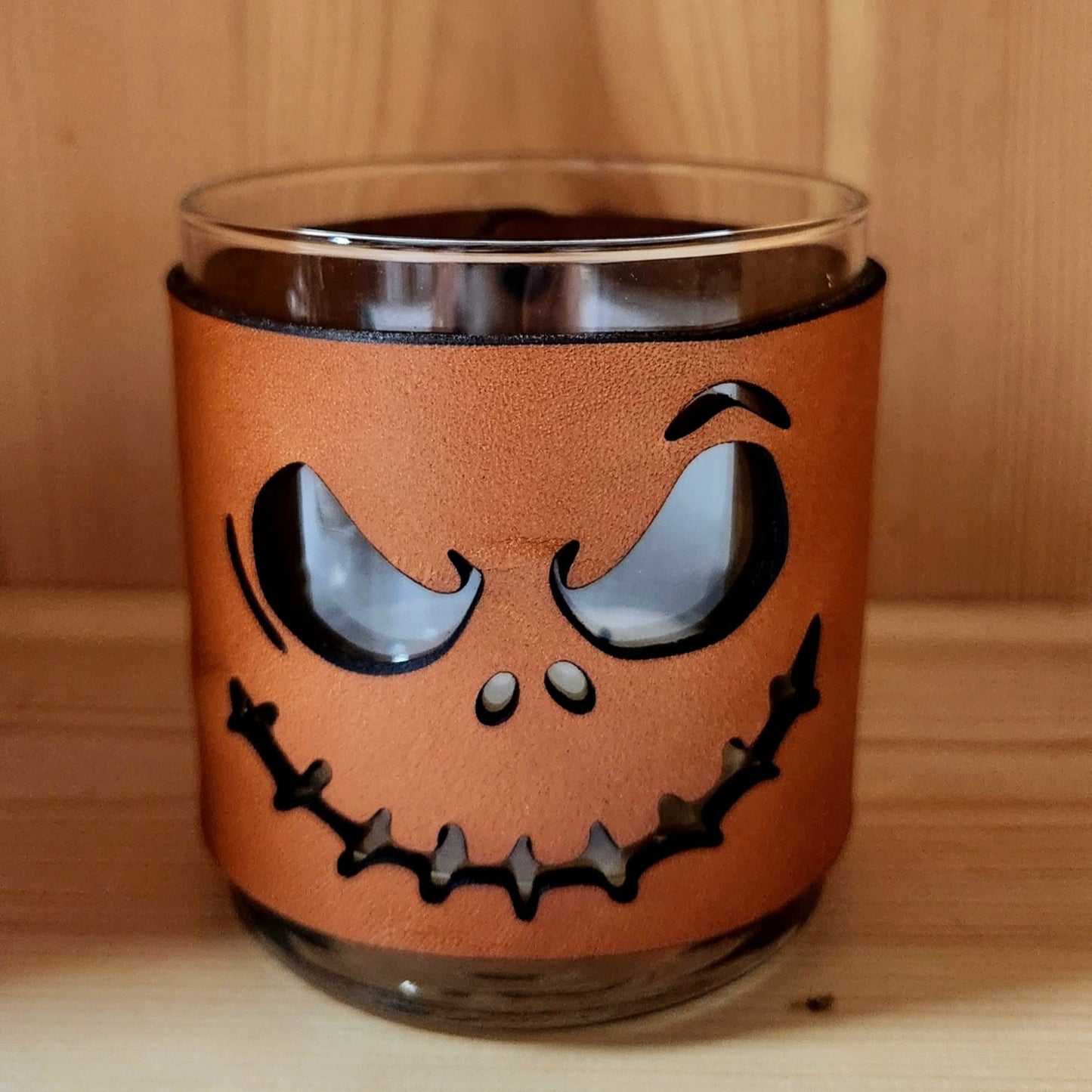 Jack o lantern Leather and Glass candle holder - Halloween candle set