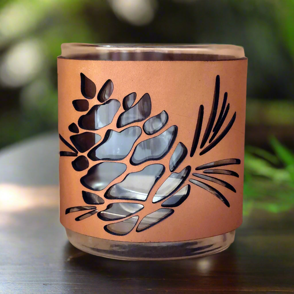 Pinecone Leather Candle Holder: Handcrafted Fall Decor with Glass
