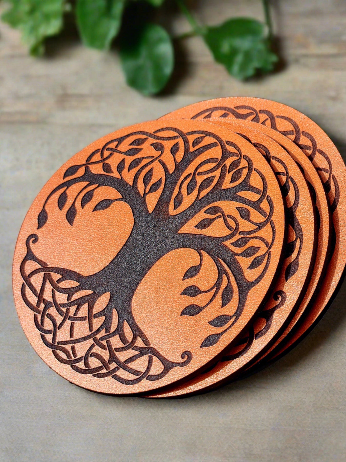 Tree Of Life Leather Coaster Set