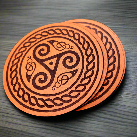 Celtic Triskelion Leather Coaster Set