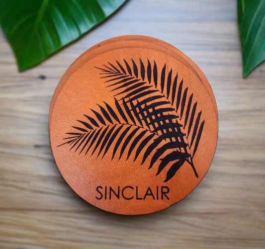 Tropical Palm Leaf Personalized leather Coasters