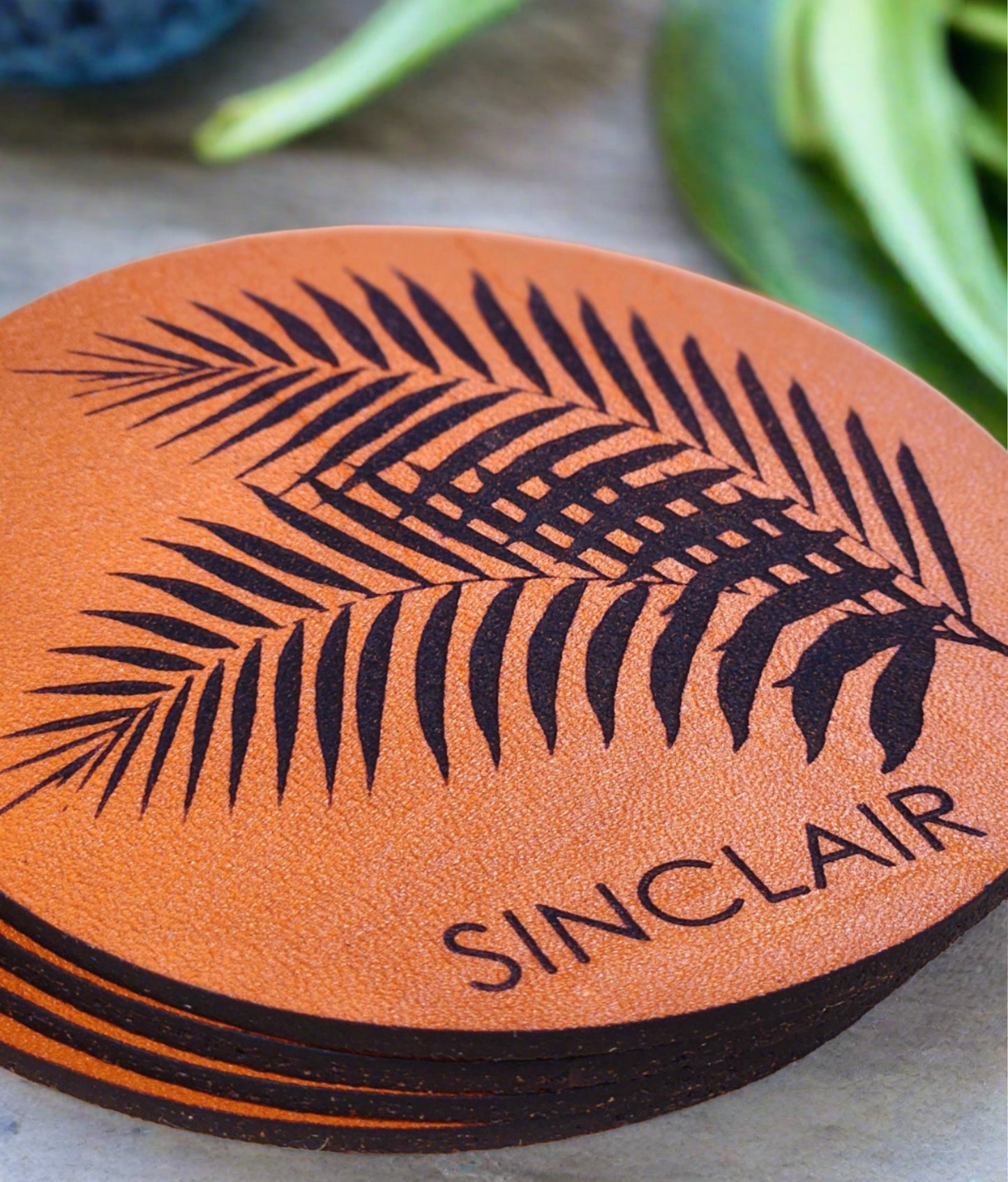 Tropical Palm Leaf Personalized leather Coasters