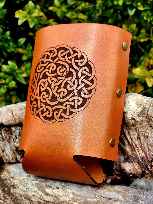 Celic Knot engraved Leather beverage cozie - beer can holder