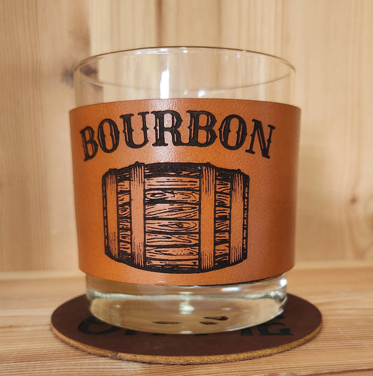 Bourbon glass with engraved Leather wrap - Custom Barware