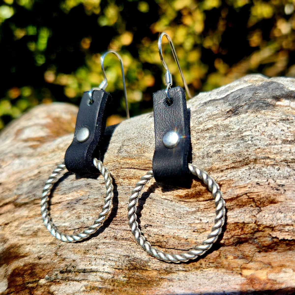Silver Hoop and Leather Dangle Earrings
