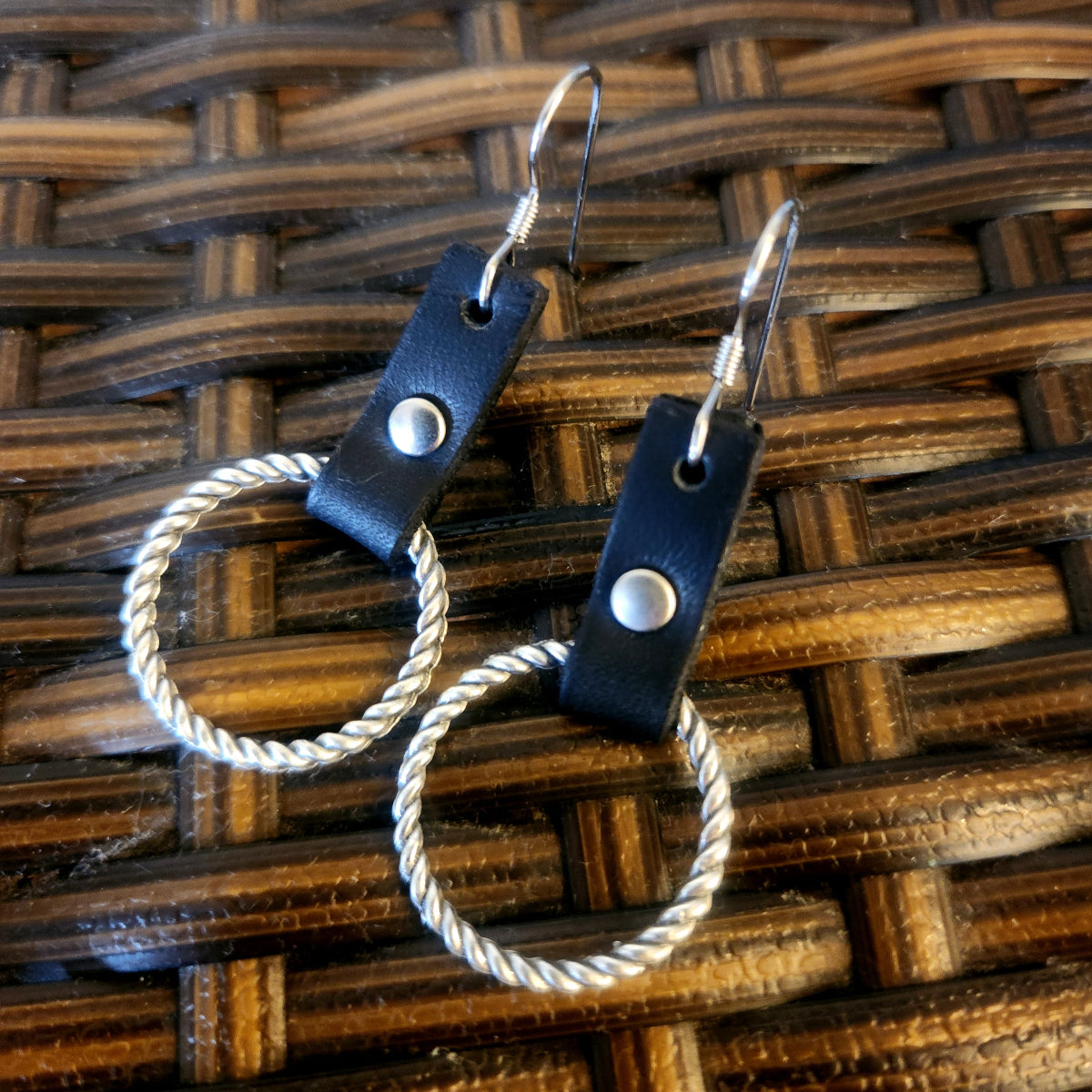 Silver Hoop and Leather Dangle Earrings