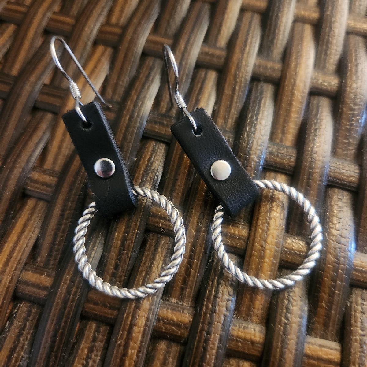 Silver Hoop and Leather Dangle Earrings