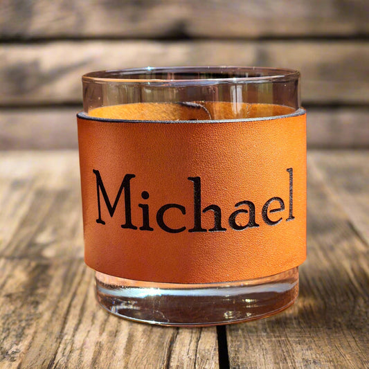 Personalized Bourbon/Whiskey Leather wrapped Glass set - Custom Barware