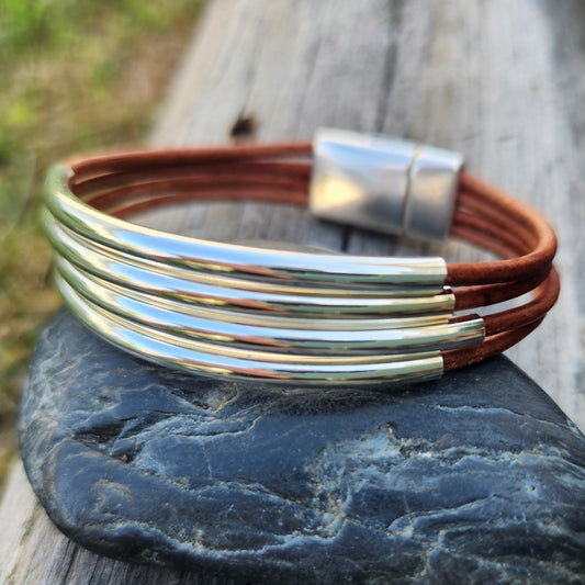 Silver Bars Leather Bangle bracelet