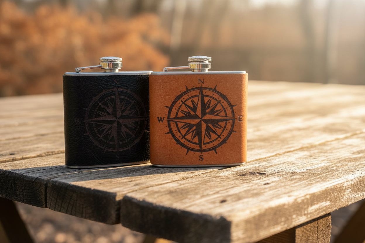 Compass Rose Leather wrapped Flask