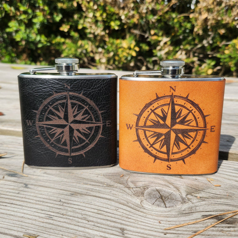 Compass Rose Leather wrapped Flask