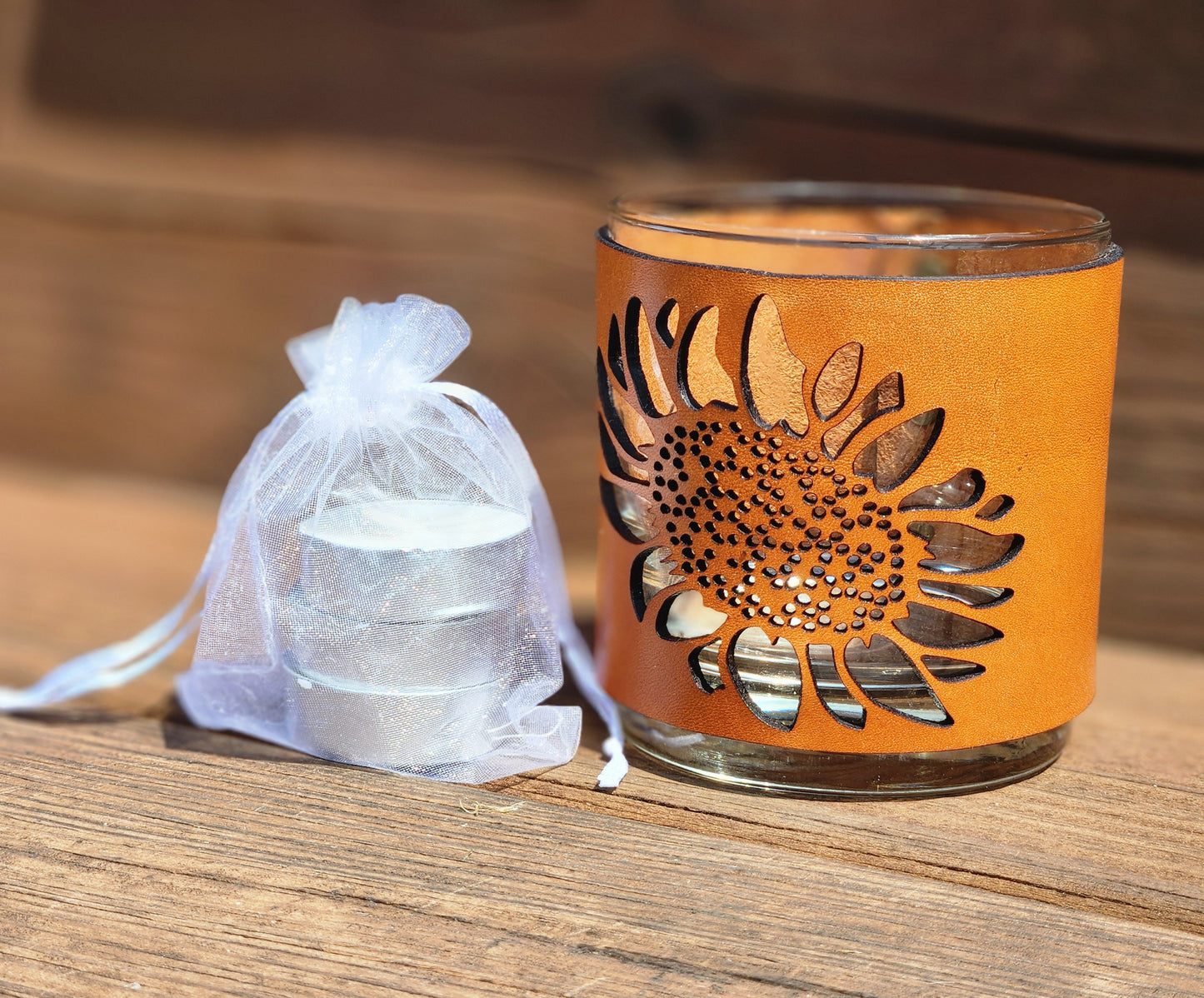 Sunflower Leather & Glass Candle set