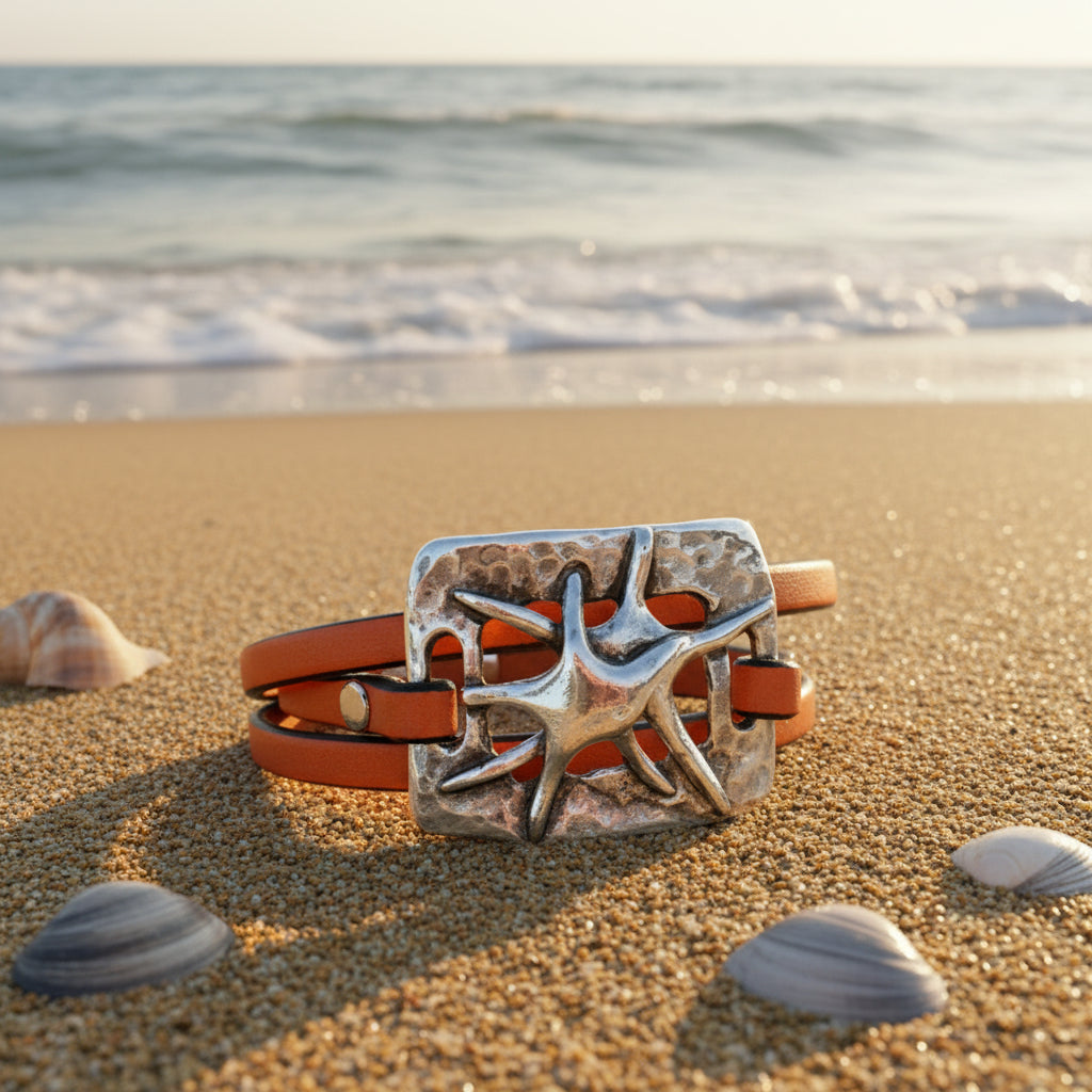 Star fish Leather Wrap Bracelet - Coastal jewelry
