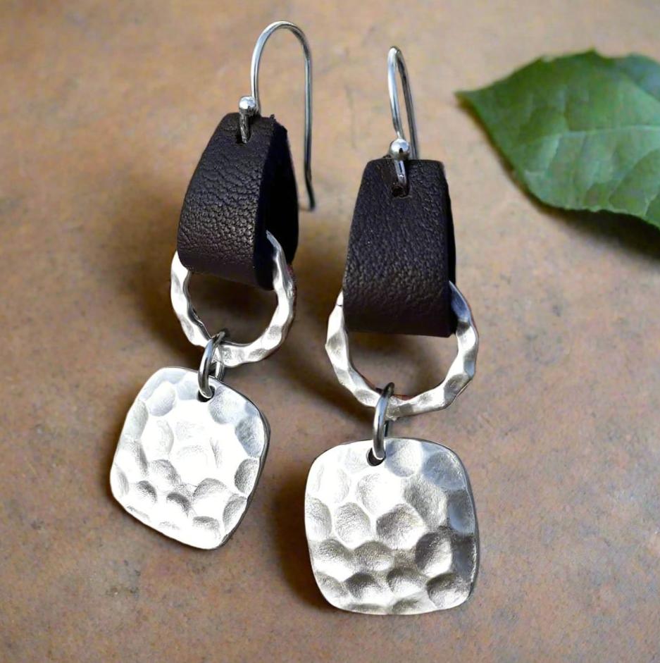 Hammered Metal & Leather Earrings