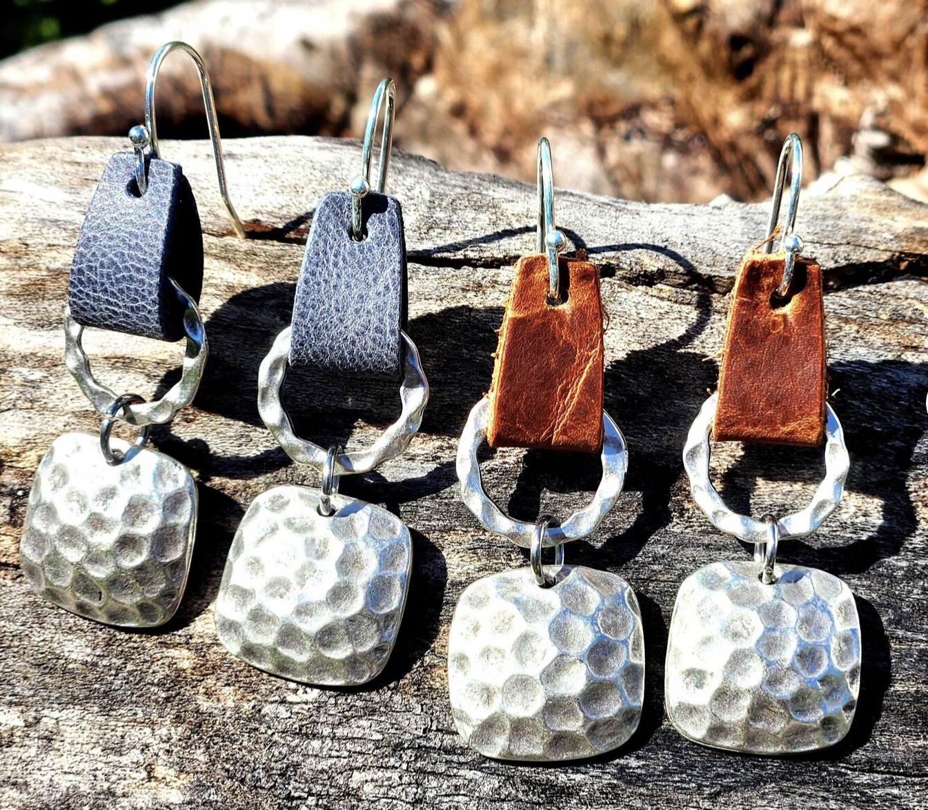 Hammered Metal & Leather Earrings