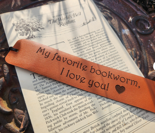 Favorite Book Worm Leather Book Mark - engraved bookmark