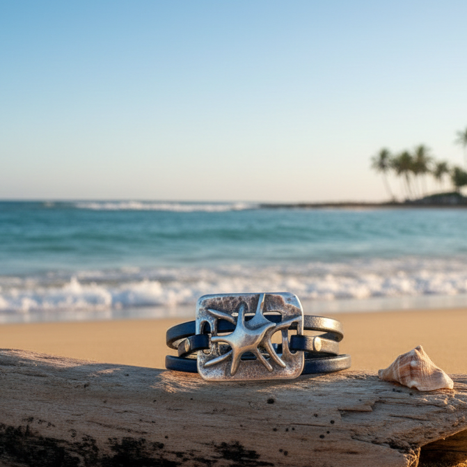 Star fish Leather Wrap Bracelet - Coastal jewelry