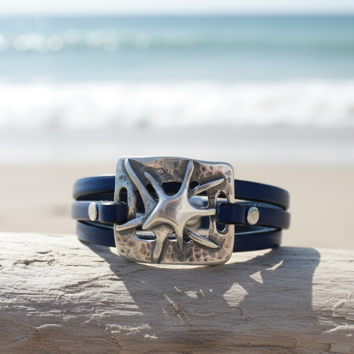 Star fish Leather Wrap Bracelet - Coastal jewelry