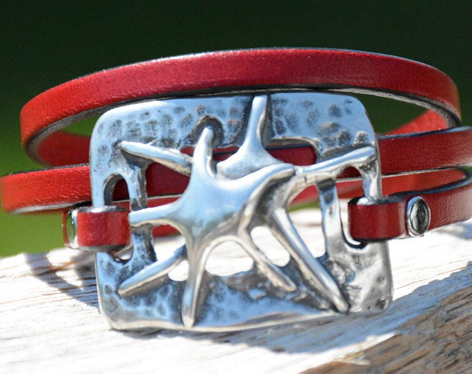 Star fish Leather Wrap Bracelet - Coastal jewelry